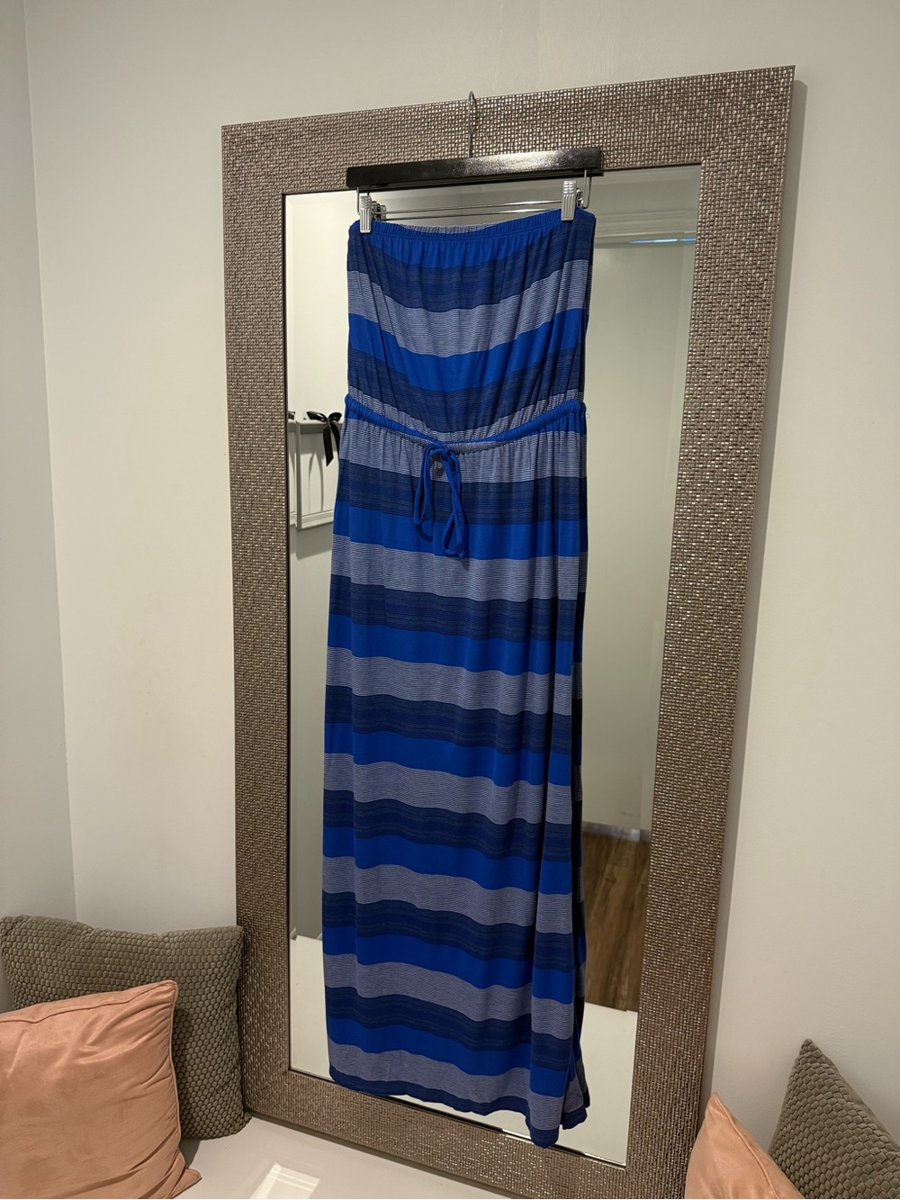 Blue Striped Strapless Maxi Dress